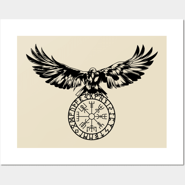 Raven with Futhark and Vegvisir Wall Art by Modern Medieval Design